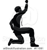 Vector Illustration of a Black and White Silhouetted Business Man Kneeling and Cheering by AtStockIllustration