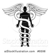 Vector Illustration of a Black and White Silhouetted Person As the Rod in a Medical Snake and Wing Caduceus by AtStockIllustration
