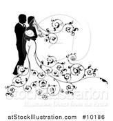 Vector Illustration of a Black and White Silhouetted Posing Bride and Groom by AtStockIllustration