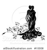 Vector Illustration of a Black and White Silhouetted Posing Bride and Groom with Swirls by AtStockIllustration