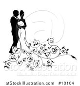 Vector Illustration of a Black and White Silhouetted Posing Bride and Groom with Swirls by AtStockIllustration