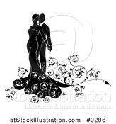 Vector Illustration of a Black and White Silhouetted Posing Bride and Groom with Swirls by AtStockIllustration