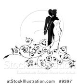 Vector Illustration of a Black and White Silhouetted Posing Bride and Groom with Swirls by AtStockIllustration