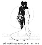 Vector Illustration of a Black and White Silhouetted Posing Wedding Bride and Groom with a Bouquet by AtStockIllustration