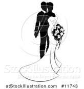 Vector Illustration of a Black and White Silhouetted Posing Wedding Bride and Groom with a Bouquet by AtStockIllustration