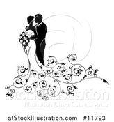 Vector Illustration of a Black and White Silhouetted Posing Wedding Bride and Groom with a Bouquet by AtStockIllustration