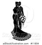 Vector Illustration of a Black and White Silhouetted Posing Wedding Bride and Groom with a Bouquet by AtStockIllustration