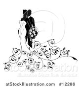 Vector Illustration of a Black and White Silhouetted Posing Wedding Bride and Groom with a Bouquet by AtStockIllustration