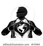 Vector Illustration of a Black and White Silhouetted Strong Business Man Super Hero Ripping off His Suit and Revealing a Heart Earth by AtStockIllustration