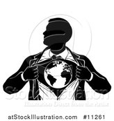 Vector Illustration of a Black and White Silhouetted Strong Business Man Super Hero Ripping off His Suit and Revealing Earth by AtStockIllustration