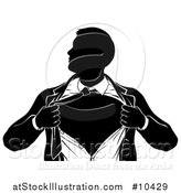 Vector Illustration of a Black and White Silhouetted Strong Business Man Super Hero Ripping off His Suit by AtStockIllustration