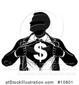 Vector Illustration of a Black and White Silhouetted Strong Business Man Super Hero Ripping off His Suit, Revealing a Dollar Currency Symbol by AtStockIllustration