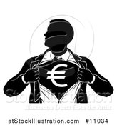 Vector Illustration of a Black and White Silhouetted Strong Business Man Super Hero Ripping off His Suit, Revealing a Euro Currency Symbol by AtStockIllustration