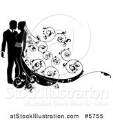 Vector Illustration of a Black and White Silhouetted Wedding Couple with a Swirl Floral Train by AtStockIllustration