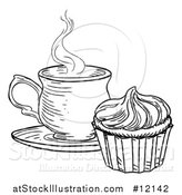 Vector Illustration of a Black and White Sketched Cupcake and Tea or Coffee by AtStockIllustration