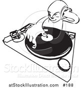 Vector Illustration of a Black and White Sketched DJ Mixing His Records and Holding Headphones by AtStockIllustration