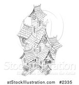 Vector Illustration of a Black and White Sketched Haunted House by AtStockIllustration