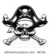Vector Illustration of a Black and White Skull Wearing an Eye Patch and Pirate Hat over Crossbones by AtStockIllustration