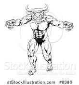 Vector Illustration of a Black and White Snarling Bull Man Minotaur Monster Mascot Attacking by AtStockIllustration