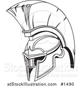 Vector Illustration of a Black and White Spartan or Trojan Helmet, Part of Body Armor by AtStockIllustration