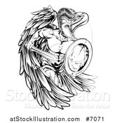 Vector Illustration of a Black and White Spartan Trojan Warrior Angel Running with a Sword and Shield by AtStockIllustration