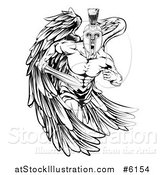 Vector Illustration of a Black and White Spartan Trojan Warrior Guardian Angel Running with a Sword by AtStockIllustration