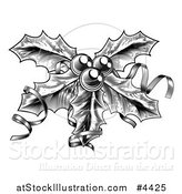 Vector Illustration of a Black and White Sprig of Christmas Holly with Ribbons by AtStockIllustration