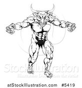 Vector Illustration of a Black and White Strong Minotaur Mascot by AtStockIllustration