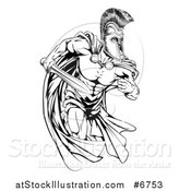 Vector Illustration of a Black and White Strong Spartan Trojan Warrior Mascot Running with a Sword by AtStockIllustration