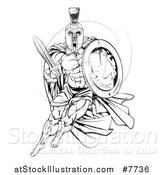 Vector Illustration of a Black and White Strong Spartan Trojan Warrior Mascot with a Cape, Running with a Sword and Shield by AtStockIllustration