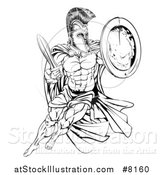 Vector Illustration of a Black and White Strong Spartan Trojan Warrior Mascot with a Cape, Running with a Sword and Shield by AtStockIllustration