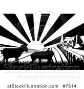 Vector Illustration of a Black and White Sunrise over a Cottage Farm House with Two Silhouetted Lambs and Fields by AtStockIllustration