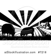 Vector Illustration of a Black and White Sunrise over a Cottage Farm House with Two Silhouetted Sheep and Fields by AtStockIllustration