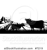 Vector Illustration of a Black and White Sunrise over a Farm House with Silhouetted Cows and Fields by AtStockIllustration