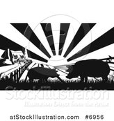 Vector Illustration of a Black and White Sunrise over a Farm House with Silhouetted Pigs and Fields by AtStockIllustration