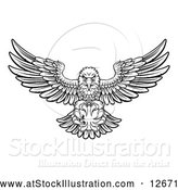 Vector Illustration of a Black and White Swooping American Bald Eagle with a Bowling Ball in His Talons by AtStockIllustration