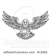 Vector Illustration of a Black and White Swooping American Bald Eagle with a Video Game Controller in Its Claws by AtStockIllustration
