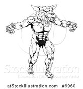 Vector Illustration of a Black and White Threatening Muscular Wolf Man Mascot by AtStockIllustration