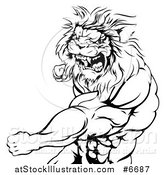 Vector Illustration of a Black and White Tough Angry Muscular Lion Man Punching and Roaring by AtStockIllustration