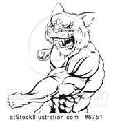 Vector Illustration of a Black and White Tough Angry Muscular Wildcat Man Punching and Roaring by AtStockIllustration