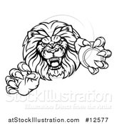 Vector Illustration of a Black and White Tough Clawed Male Lion Monster Mascot Holding a Tennis Ball by AtStockIllustration