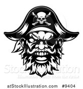 Vector Illustration of a Black and White Tough Pirate Mascot Face with an Eye Patch and Captain Hat by AtStockIllustration