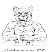 Vector Illustration of a Black and White Tough Vicious Muscular Wolf Man Punching His Fist into Palm by AtStockIllustration