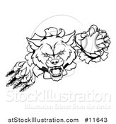 Vector Illustration of a Black and White Tough Wolf Mascot Breaking Through a Wall and Holding a Baseball by AtStockIllustration