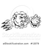 Vector Illustration of a Black and White Vicious Aggressive Bear Mascot Slashing Through a Wall with a Basketball in a Paw by AtStockIllustration