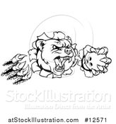 Vector Illustration of a Black and White Vicious Aggressive Bear Mascot Slashing Through a Wall with a Bowling Ball in a Paw by AtStockIllustration