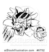 Vector Illustration of a Black and White Vicious Dragon Mascot Head Shredding Through a Wall by AtStockIllustration
