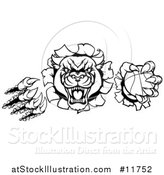 Vector Illustration of a Black and White Vicious Roaring Panther Monster Mascot Shredding Through a Wall with a Basketball by AtStockIllustration