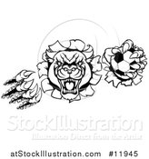 Vector Illustration of a Black and White Vicious Roaring Panther Monster Mascot Shredding Through a Wall with a Soccer Ball by AtStockIllustration