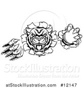 Vector Illustration of a Black and White Vicious Wildcat Mascot Shredding Through a Wall with a Cricket Ball by AtStockIllustration